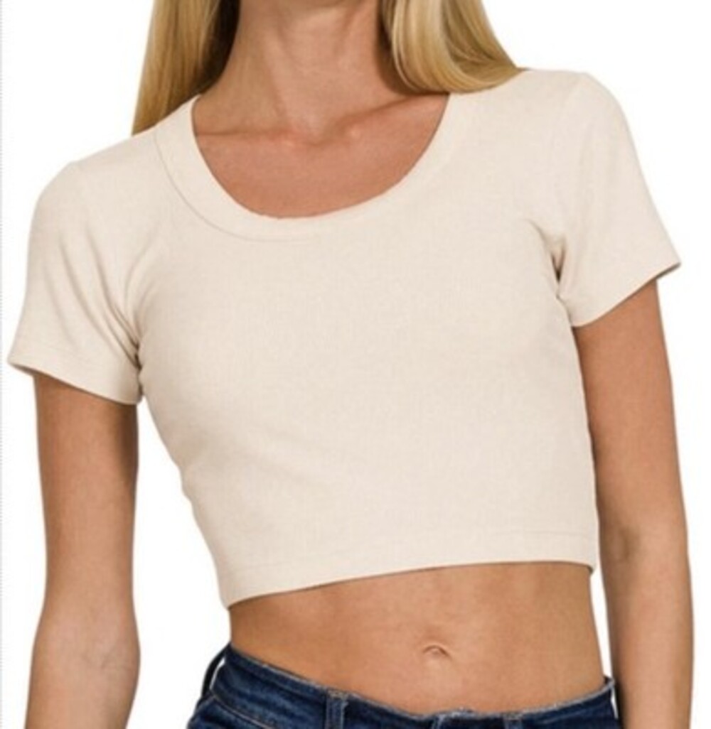 Zenana Cropped Shirt Scoop Neck Sand Beige 8492A5 Small